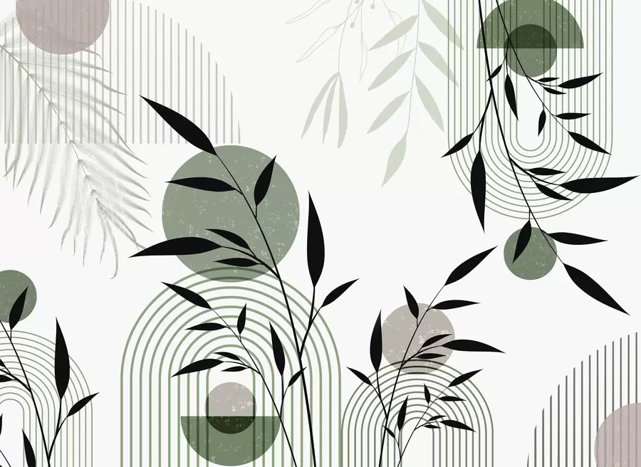 wall murals Textured abstract print with geometric shapes, circles and arches and black and green plants on a white background w09384