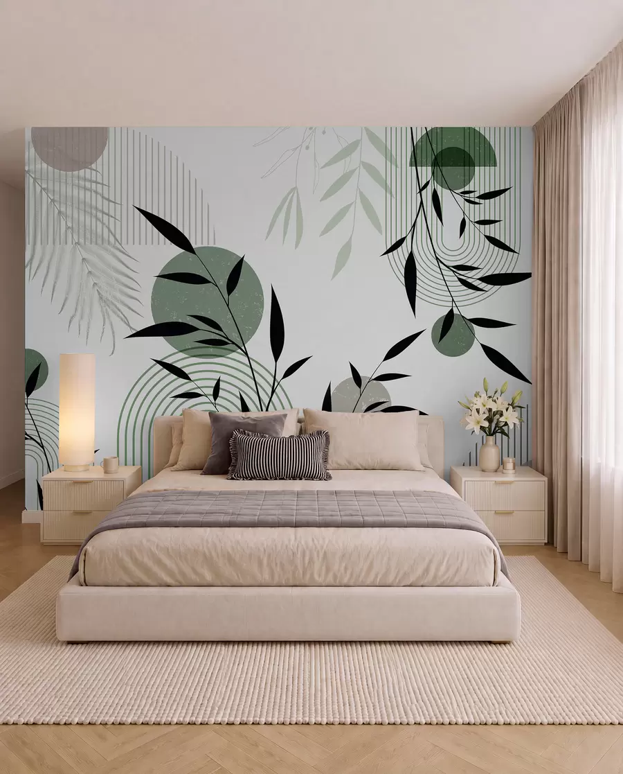 wall murals Textured abstract print with geometric shapes, circles and arches and black and green plants on a white background w09384