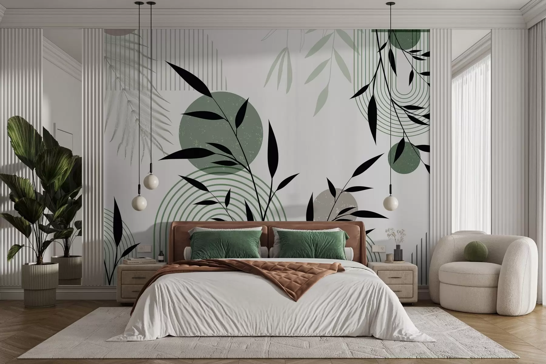 Wall Mural Photo Wallpaper Textured abstract print with geometric shapes, circles and arches and black and green plants on a white background w09384