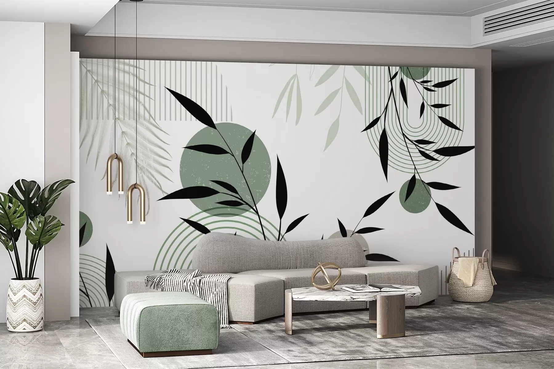 murales Estampado abstracto texturizado con formas geométricas, círculos y arcos y plantas negras y verdes sobre fondo blanco w09384