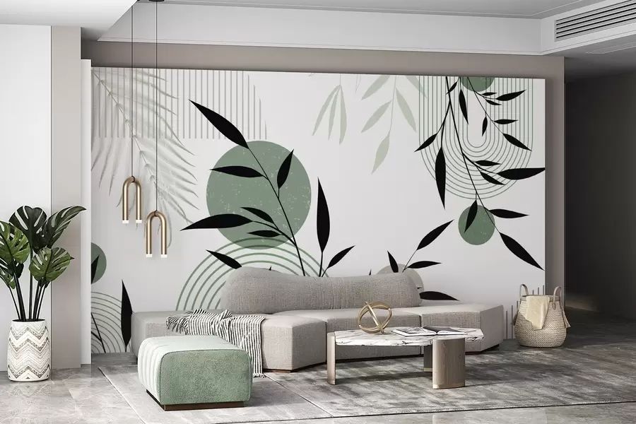 Wall Mural Photo Wallpaper Textured abstract print with geometric shapes, circles and arches and black and green plants on a white background w09384