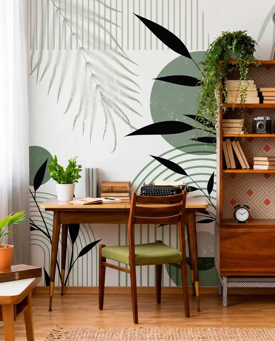 wall murals Textured abstract print with geometric shapes, circles and arches and black and green plants on a white background w09384