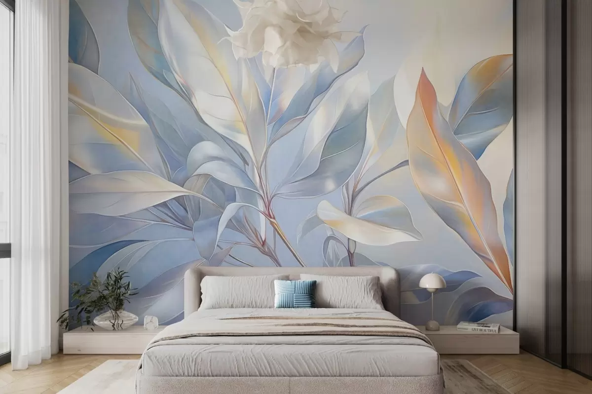 Wall Mural Photo Wallpaper Magnolia leaves with white and blue tones, soft lighting, elegant composition, detailed leaf veins, artistic brushstrokes w09385