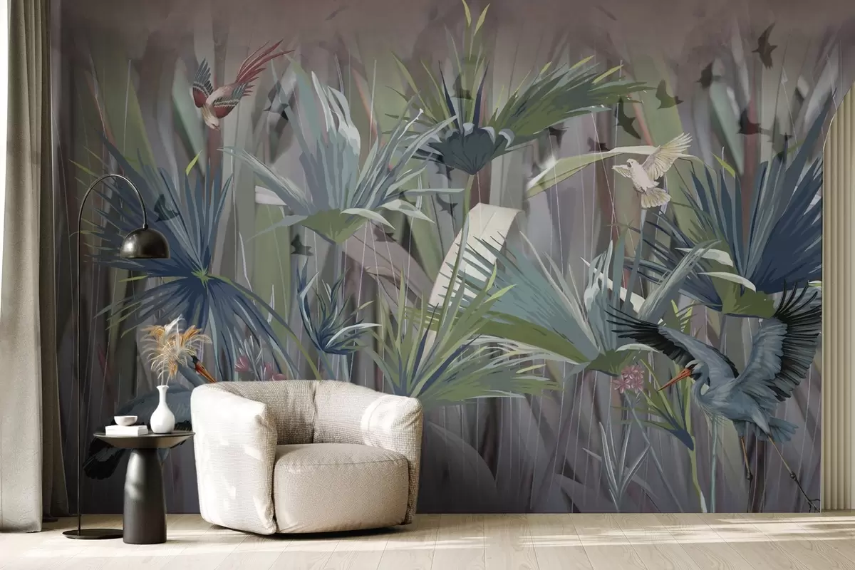 Wall Mural Photo Wallpaper Exotic birds among palm leaves and flowers w04458