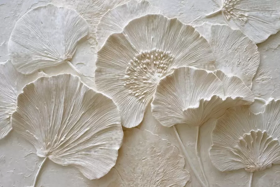 murales Voluminosas hojas de ginkgo en ligero relieve w04444
