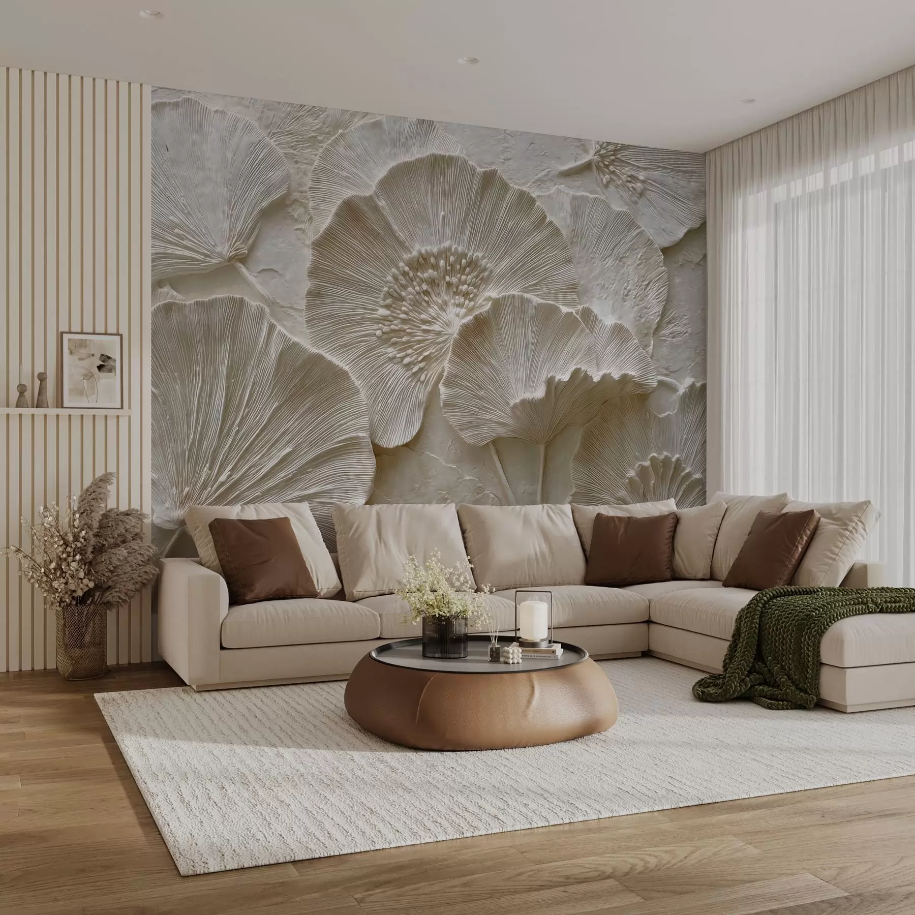 Wall Mural Photo Wallpaper Voluminous ginkgo leaves in a light embossed style w04444