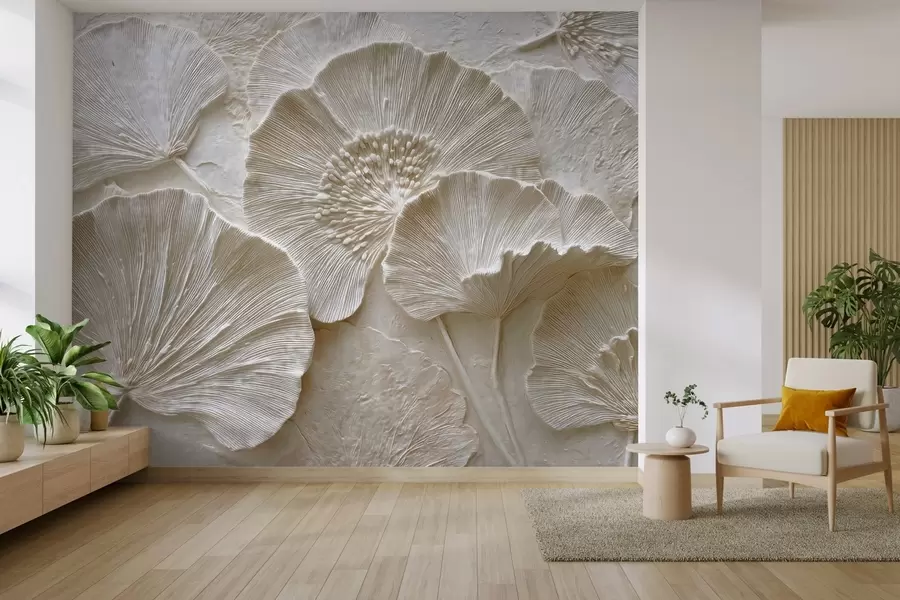 Wall Mural Photo Wallpaper Voluminous ginkgo leaves in a light embossed style w04444