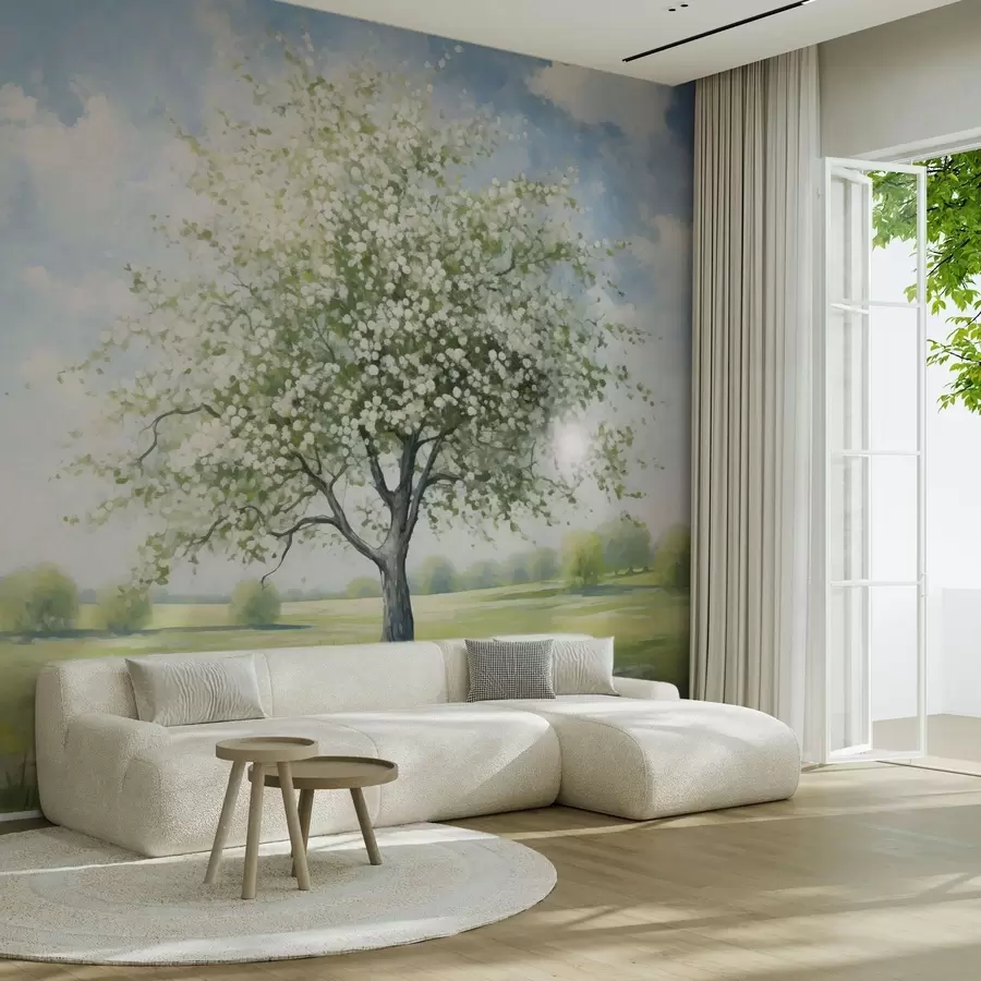 Wall Mural Photo Wallpaper A lone tree in a field with white flowers w04445