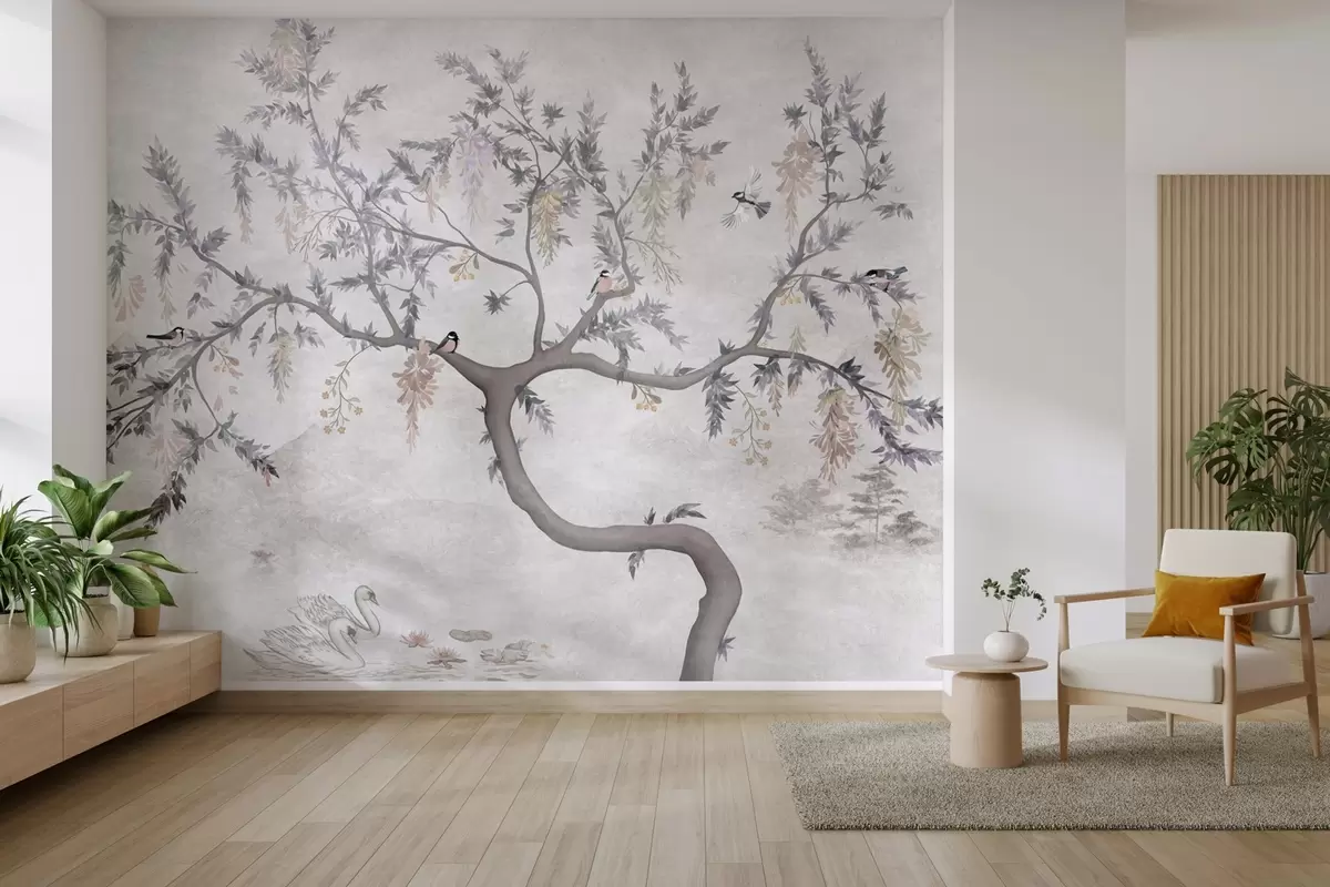Wall Mural Photo Wallpaper Tree branch with birds in oriental style w04456