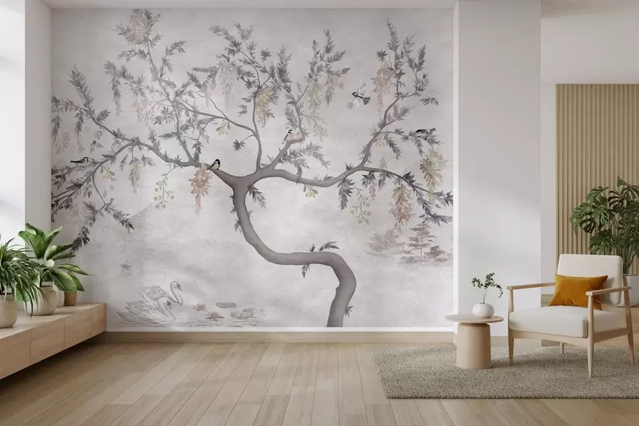 murales Rama de árbol con pájaros en estilo oriental w04456