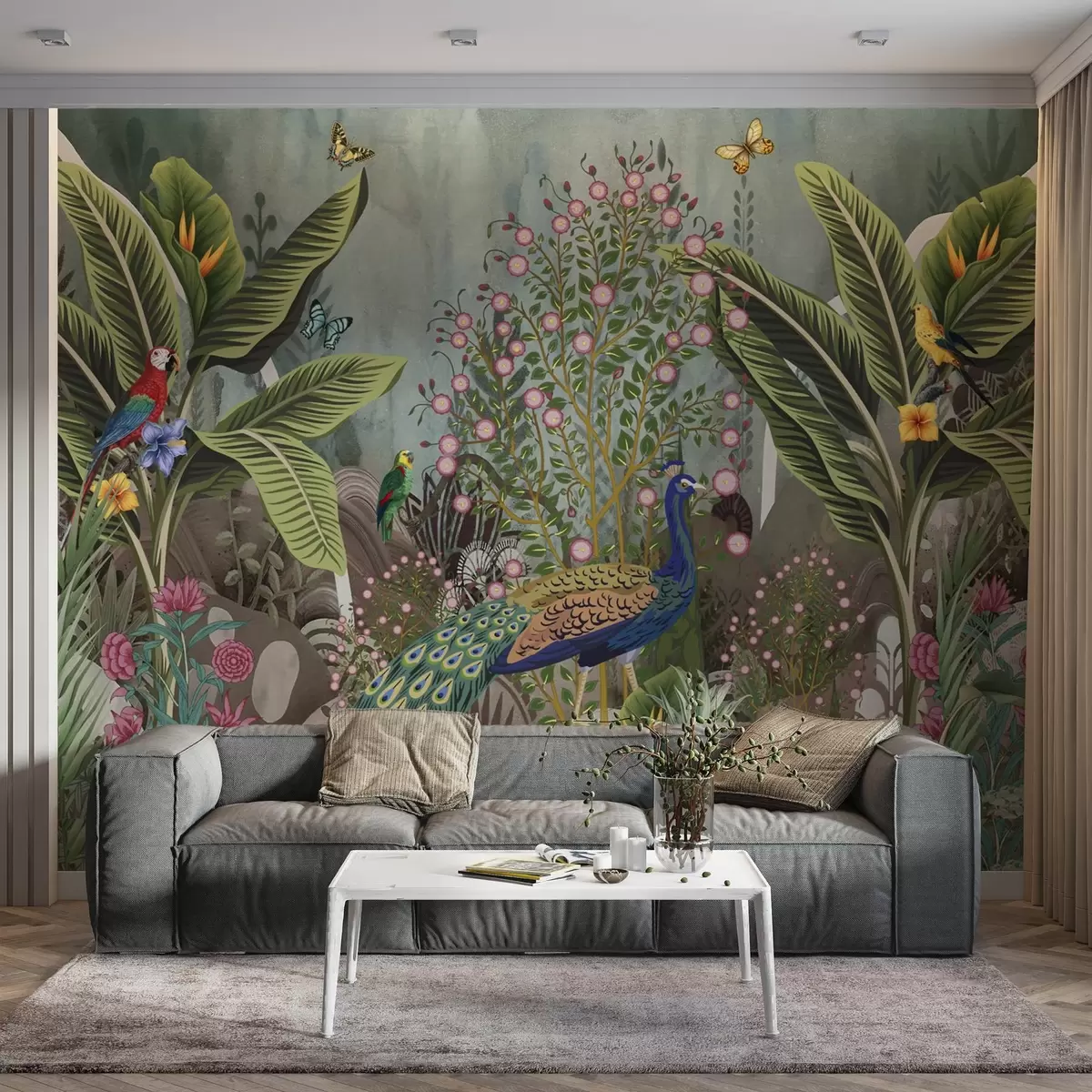 Wall Mural Photo Wallpaper Bright tropical birds and peacock among exotic plants w04457