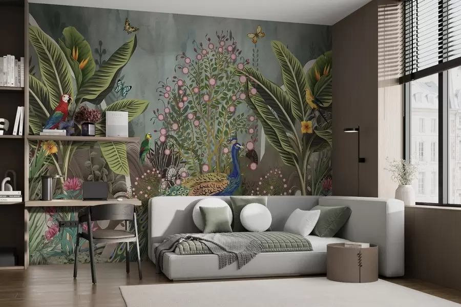 murais de parede Aves tropicais brilhantes e pavão entre plantas exóticas w04457