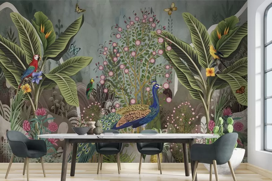 peintures murales Oiseaux tropicaux lumineux et paon parmi des plantes exotiques w04457