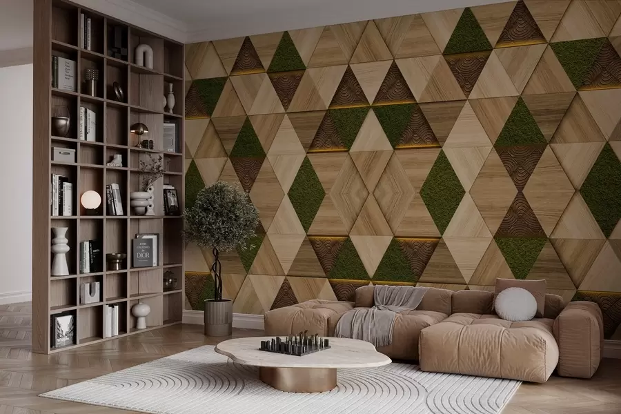 Wall Mural Photo Wallpaper Geometric wooden ornament with moss w04459