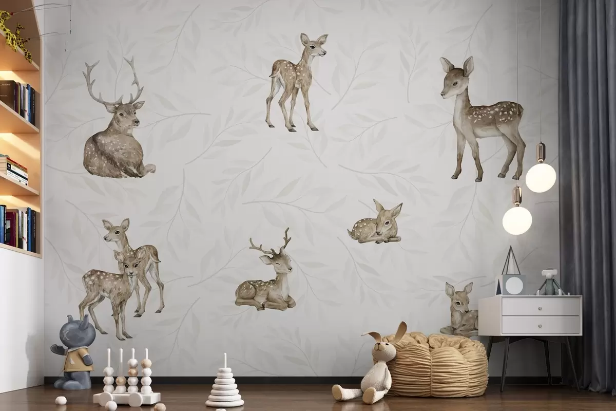 wall murals Cute fawns on a light background with twigs w04461
