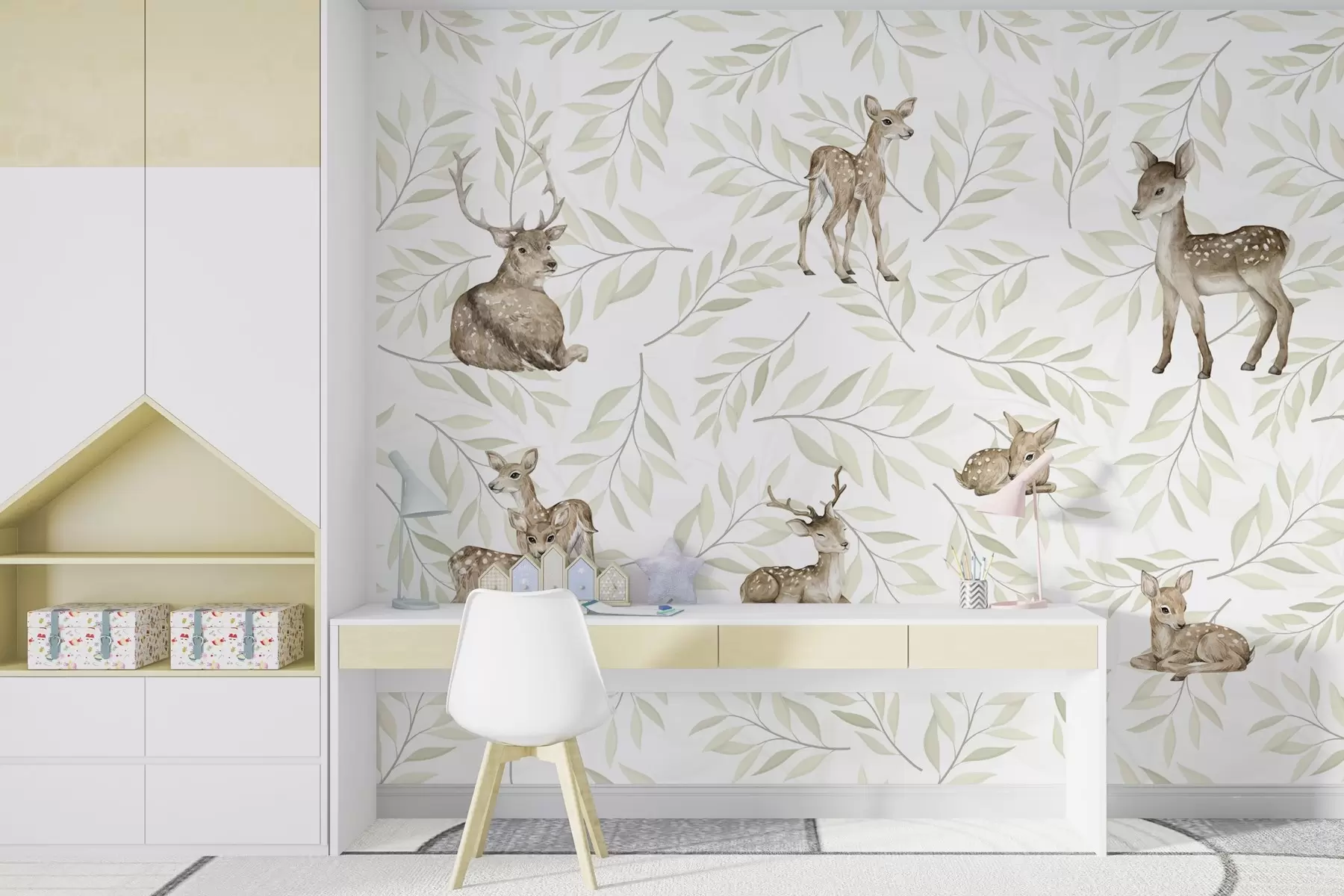 Wall Mural Photo Wallpaper Fawns among greenish leaves on a white background w04461v1