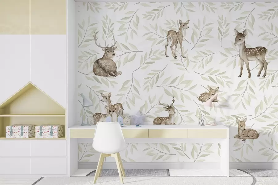 wall murals Fawns among greenish leaves on a white background w04461v1