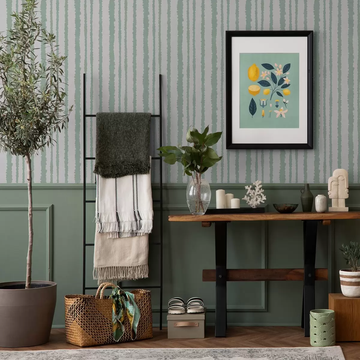 Papier peint Rayures menthe inégales sur fond blanc a00510