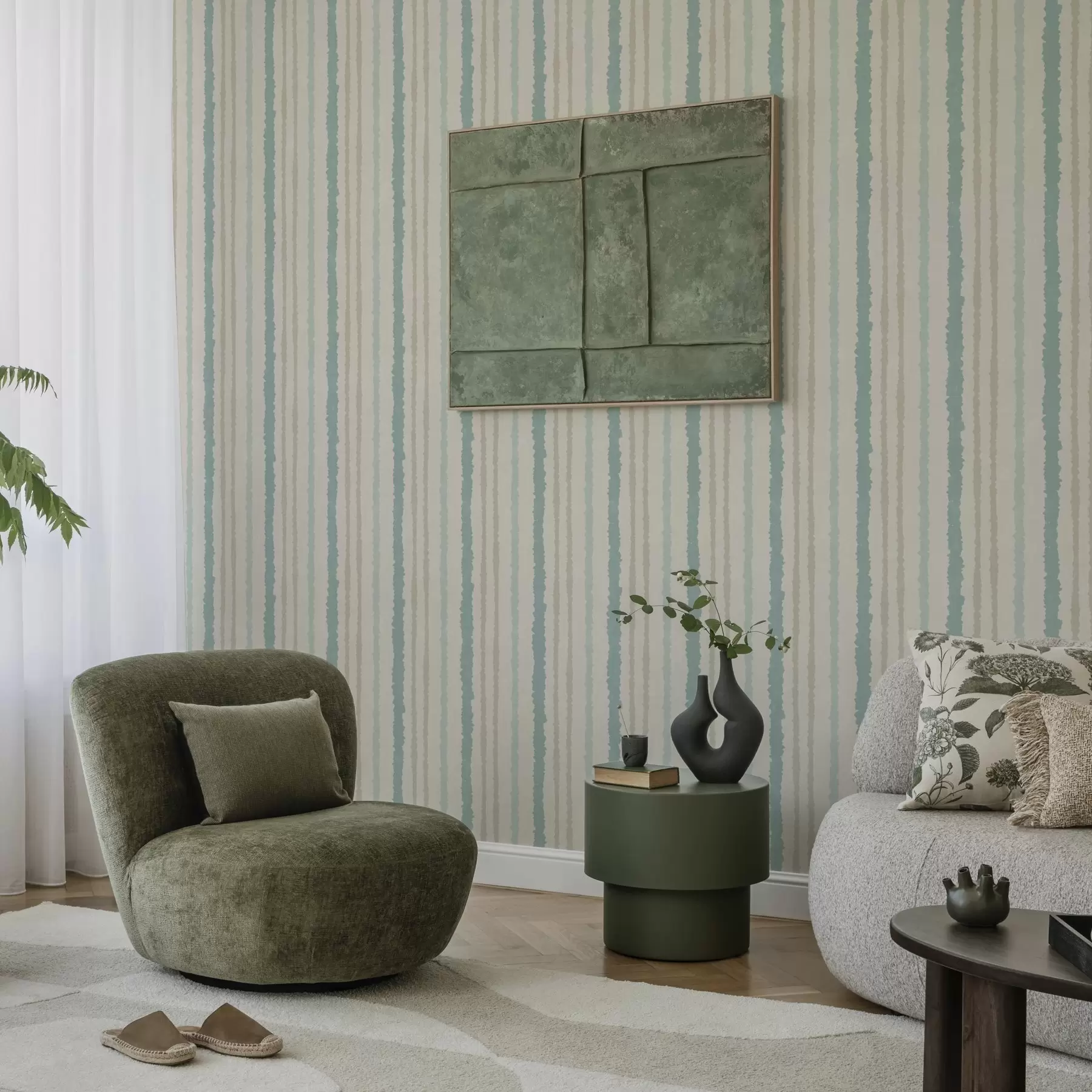 murales Rayas turquesa-beige con efecto pintado a mano a00510v1