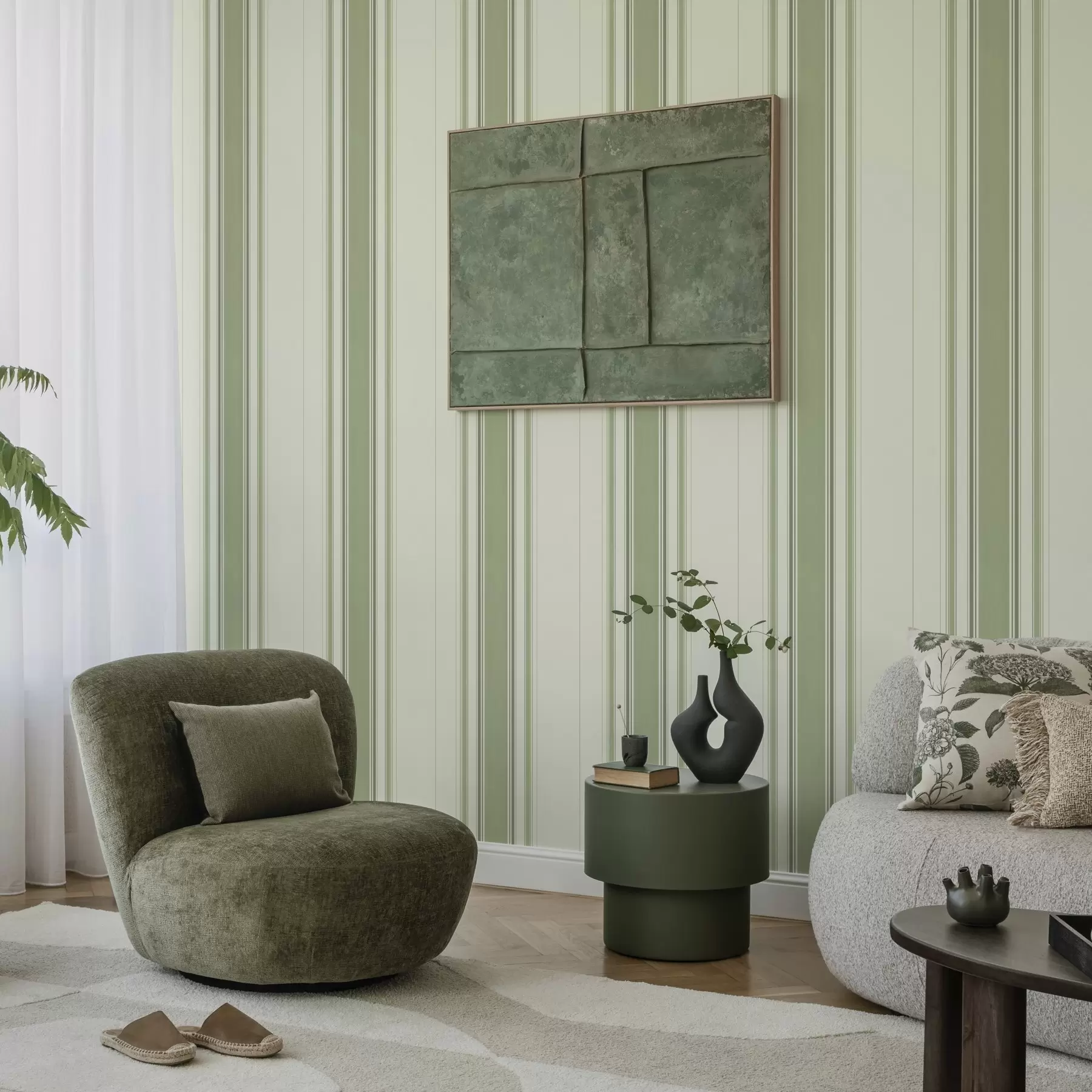 Wall Mural Photo Wallpaper Cream background with a wide green central stripe a00519