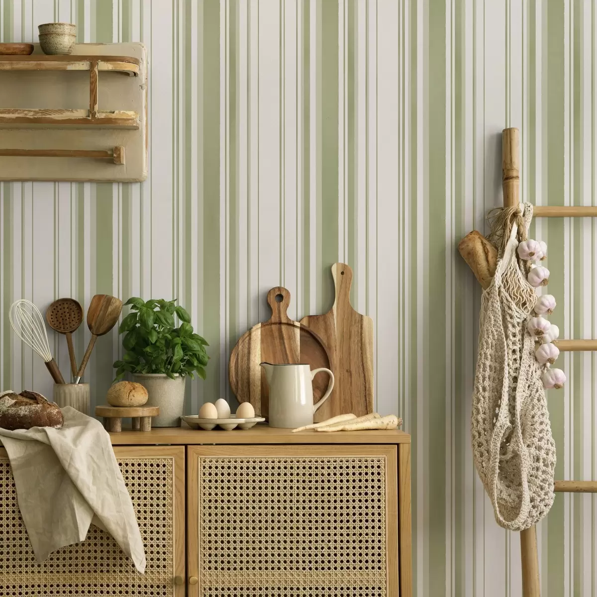 Wallpaper Green stripes of varying widths on a light background a00523