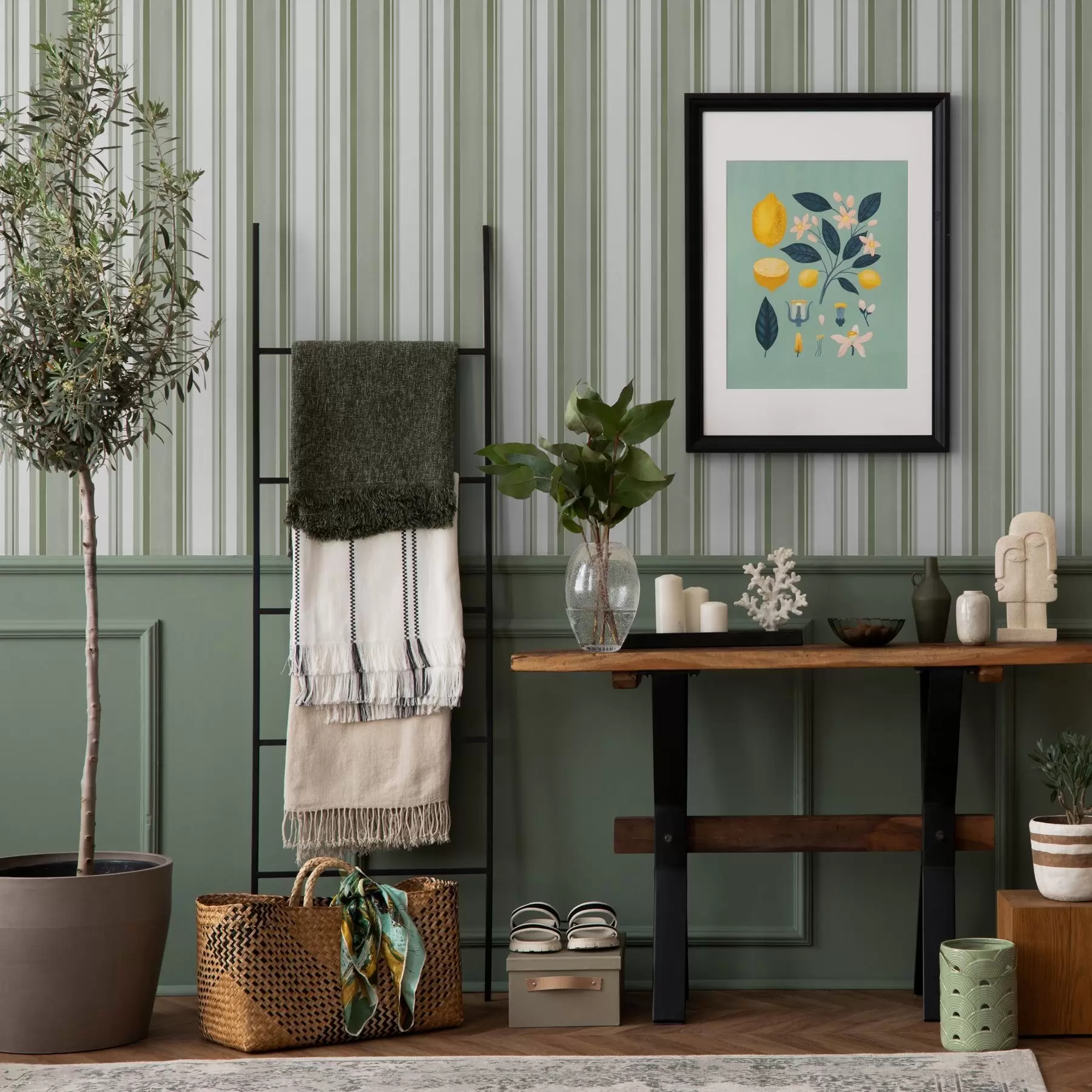 Wall Mural Photo Wallpaper Green stripes with white intervals and thin lines a00526