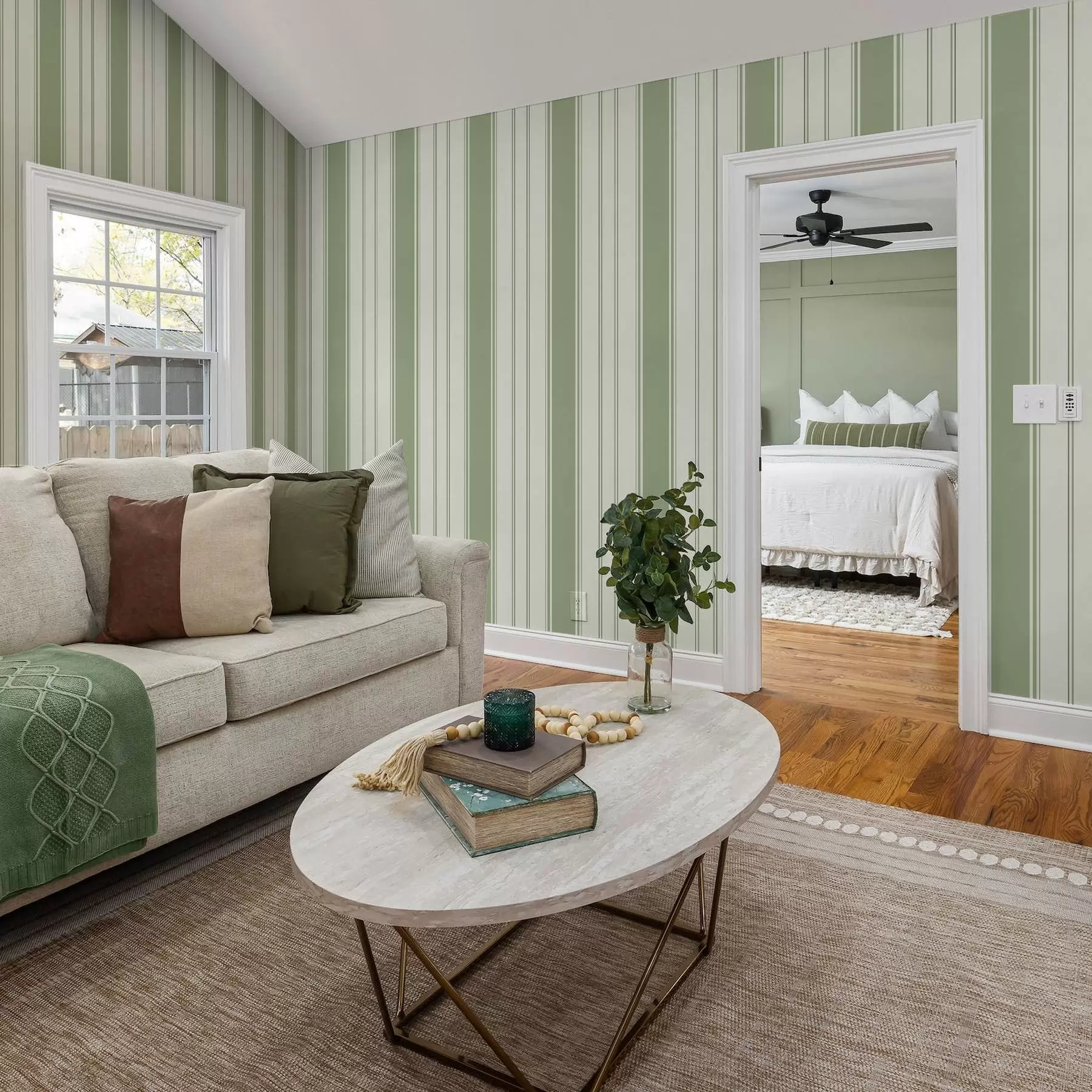 wall murals Cream background with wide light green stripes a00561