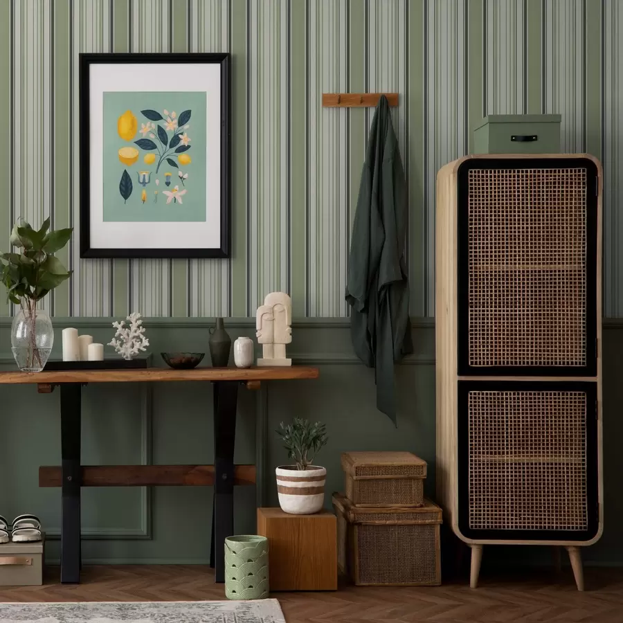 wall murals Cream background with a mix of green and black stripes a00563