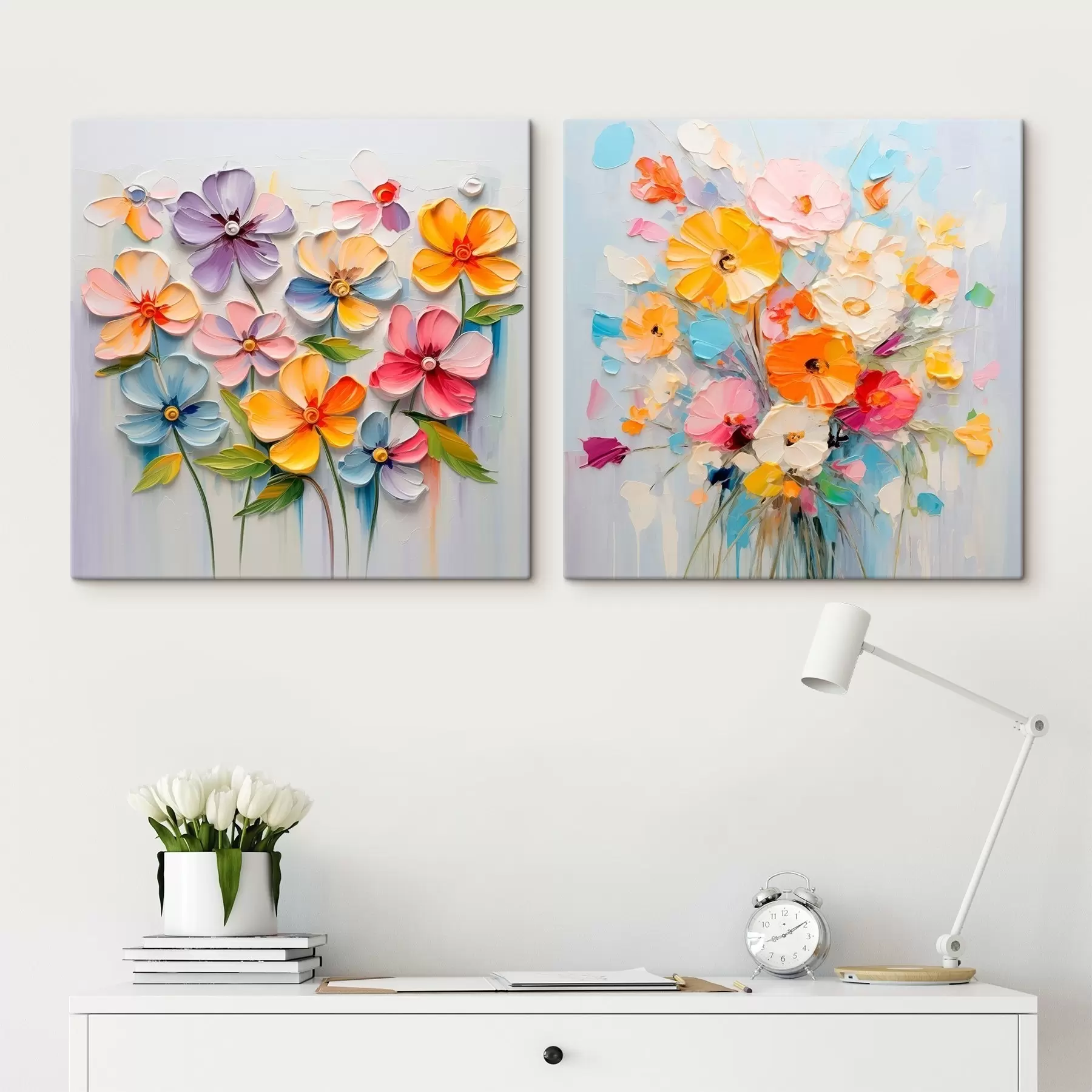 murales Composiciones abstractas de flores brillantes realizadas en técnica impasto m00662