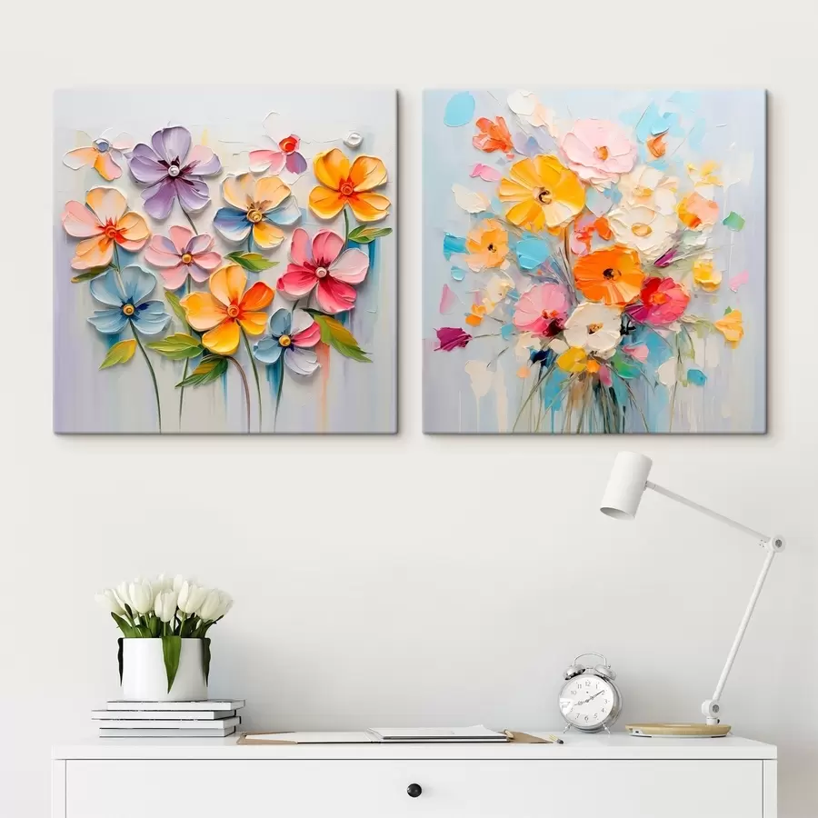 murales Composiciones abstractas de flores brillantes realizadas en técnica impasto m00662