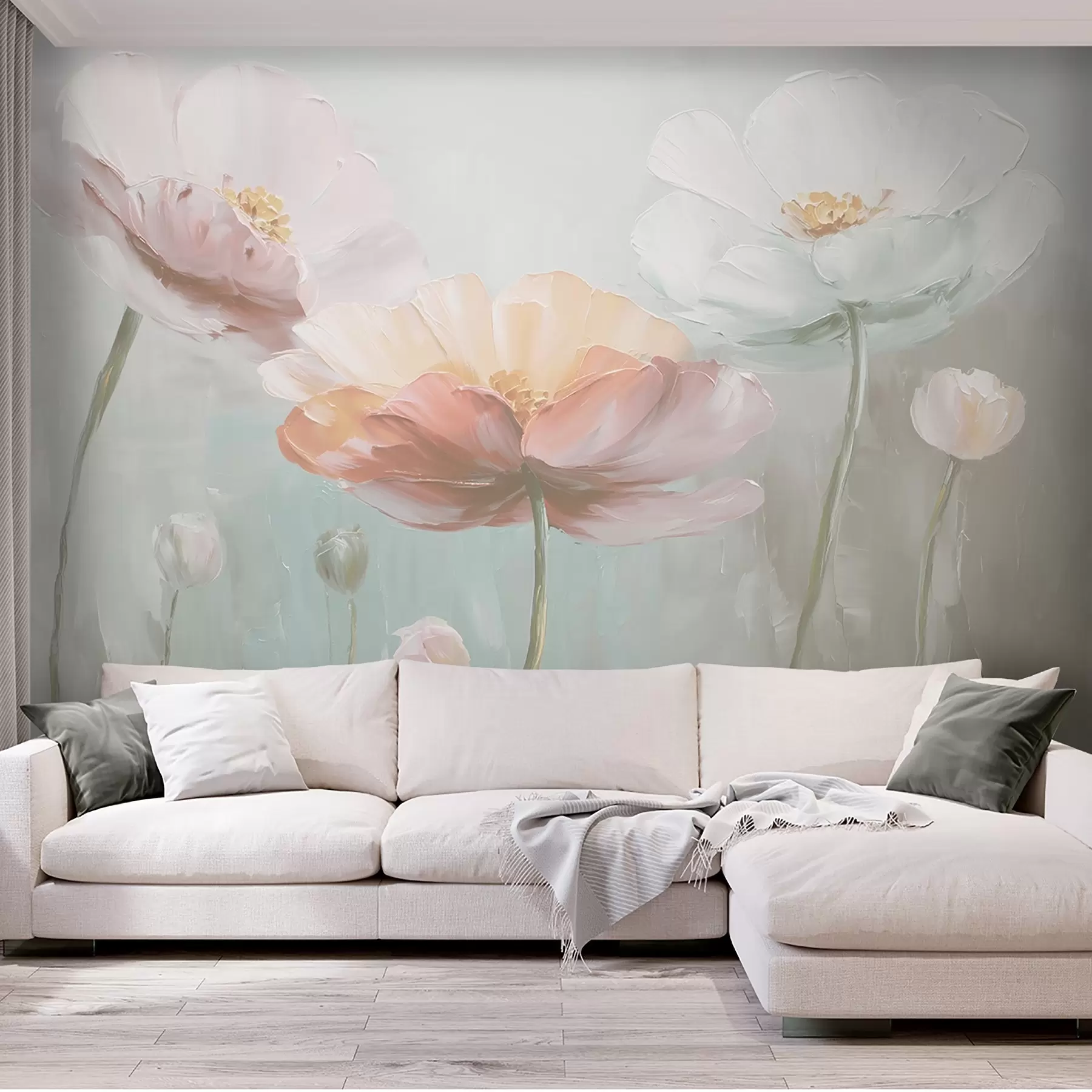 wall murals Volumetric pastel poppies in oil painting style w09310v1