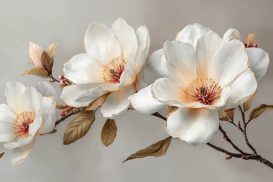 murales Delicadas flores sobre una rama en tonos pastel con el centro naranja w09299