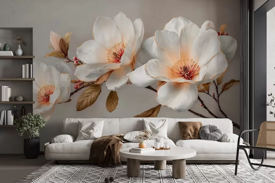 Wall Mural Photo Wallpaper Delicate flowers on a branch in pastel tones with orange centers w09299