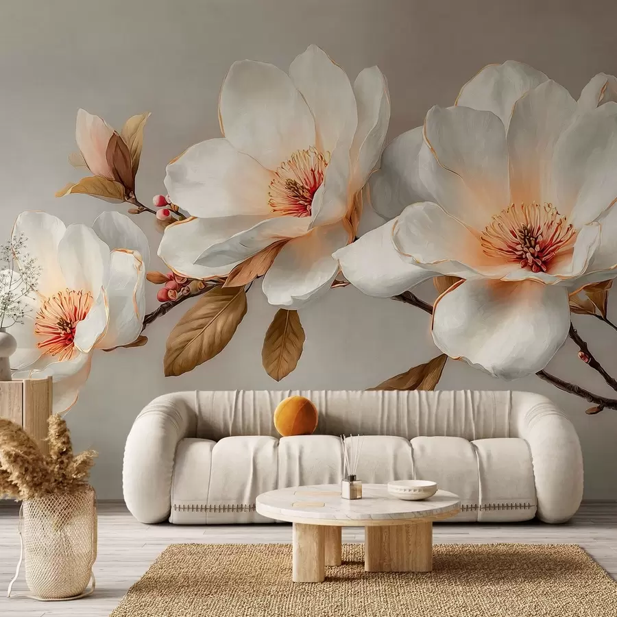 Wall Mural Photo Wallpaper Delicate flowers on a branch in pastel tones with orange centers w09299