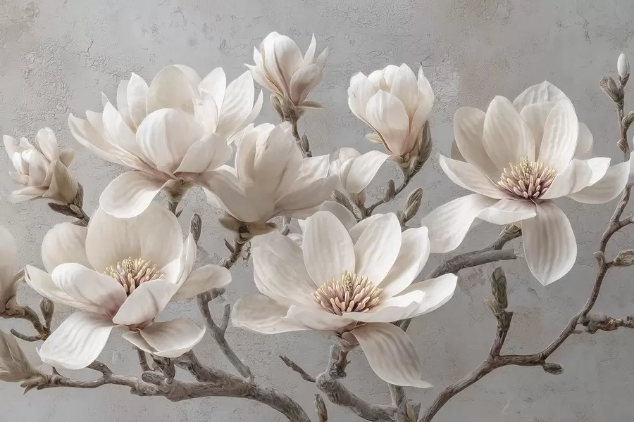 wall murals Magnolia branches with large light flowers in muted tones w09305