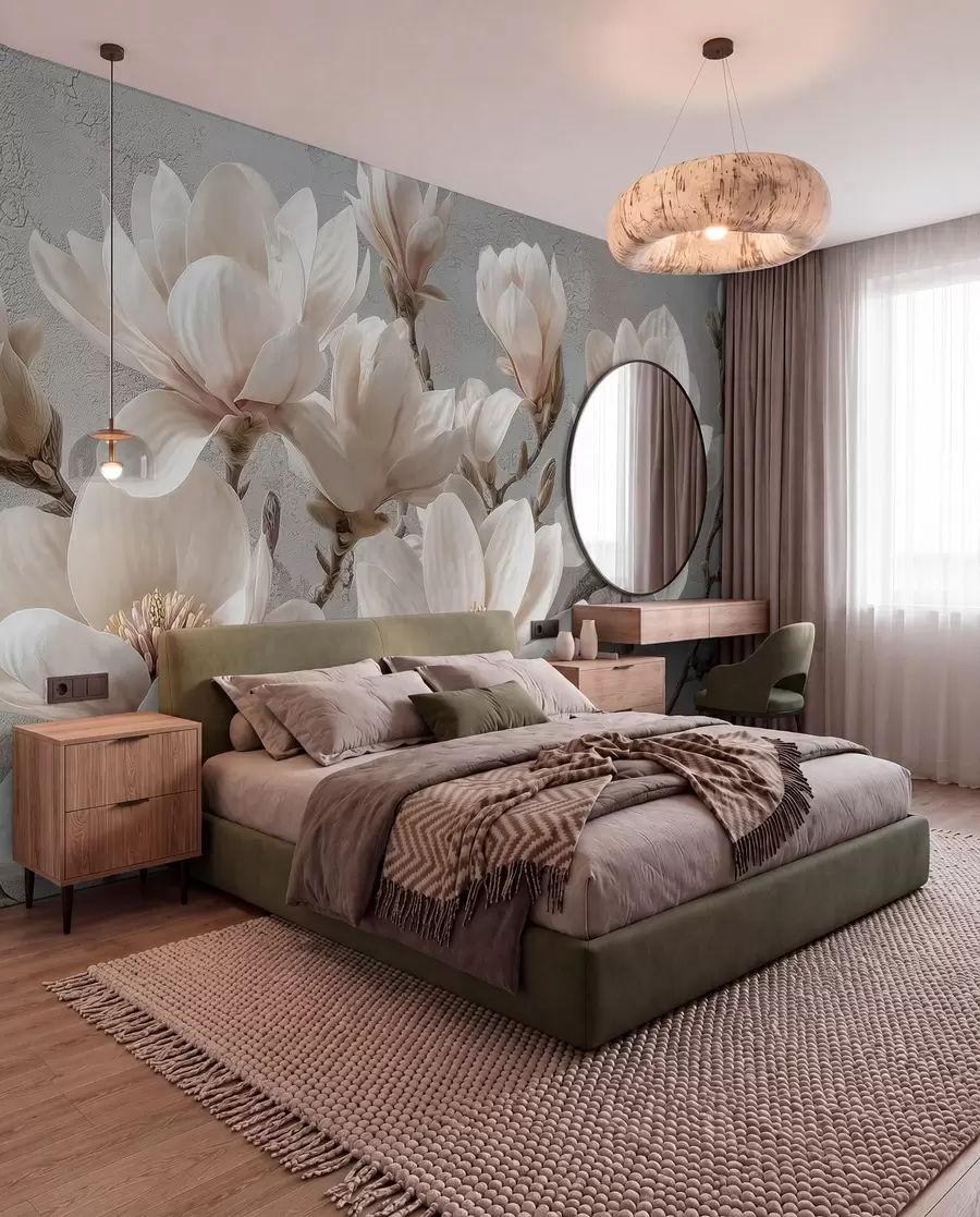 wall murals Magnolia branches with large light flowers in muted tones w09305