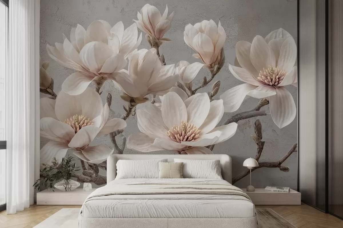murales Ramas de magnolia con grandes flores claras en tonos apagados w09305