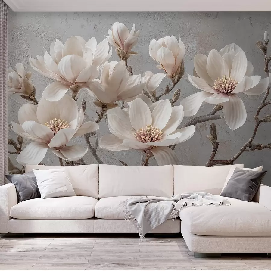 peintures murales Branches de magnolias avec de grandes fleurs légères dans des tons sourds w09305