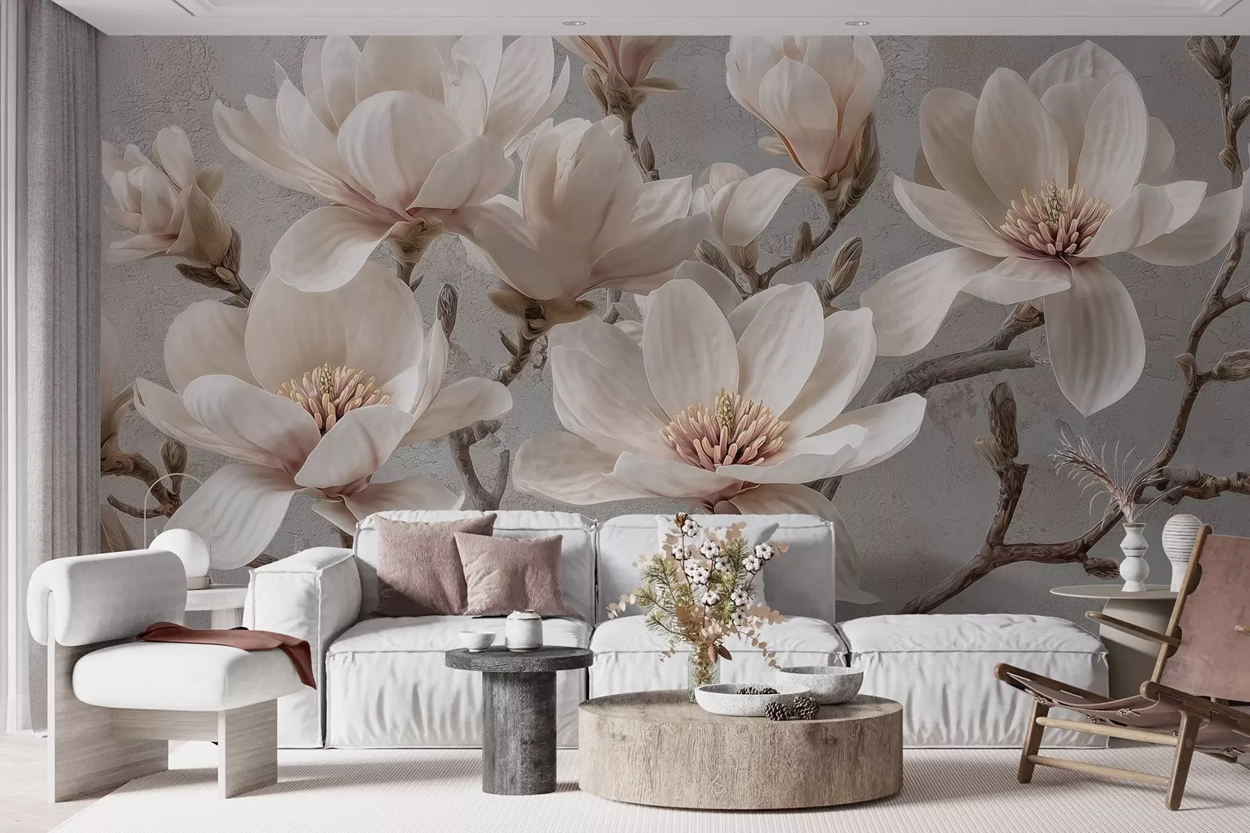 peintures murales Branches de magnolias avec de grandes fleurs légères dans des tons sourds w09305
