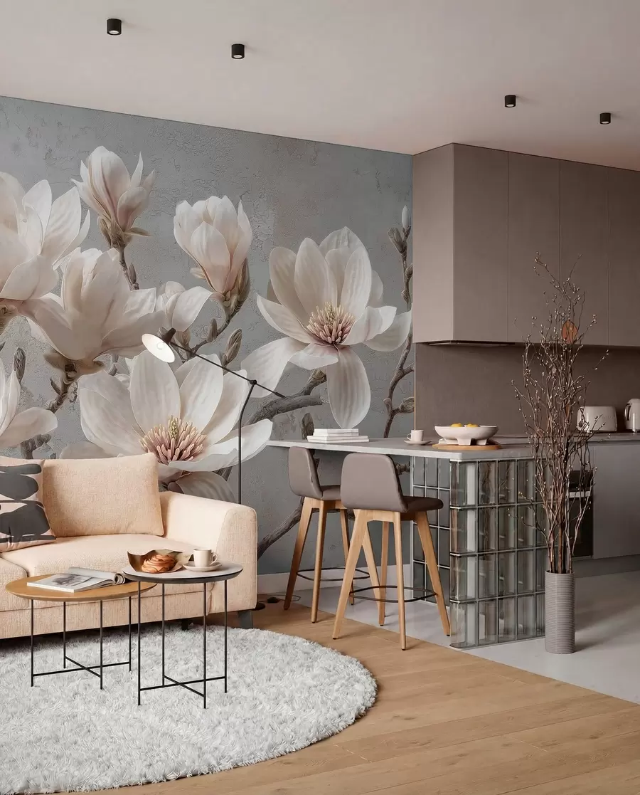 peintures murales Branches de magnolias avec de grandes fleurs légères dans des tons sourds w09305