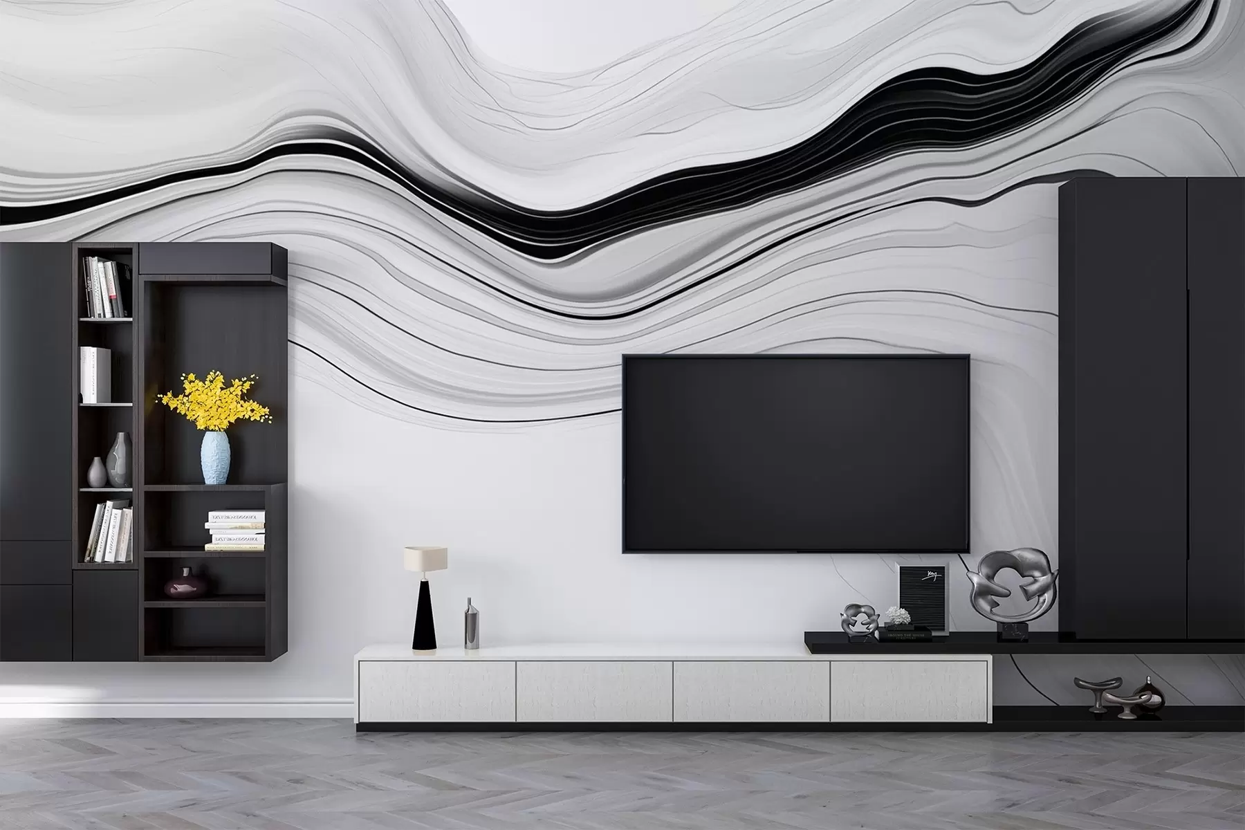 peintures murales Motif noir et blanc avec effet de couches de marbre w09358