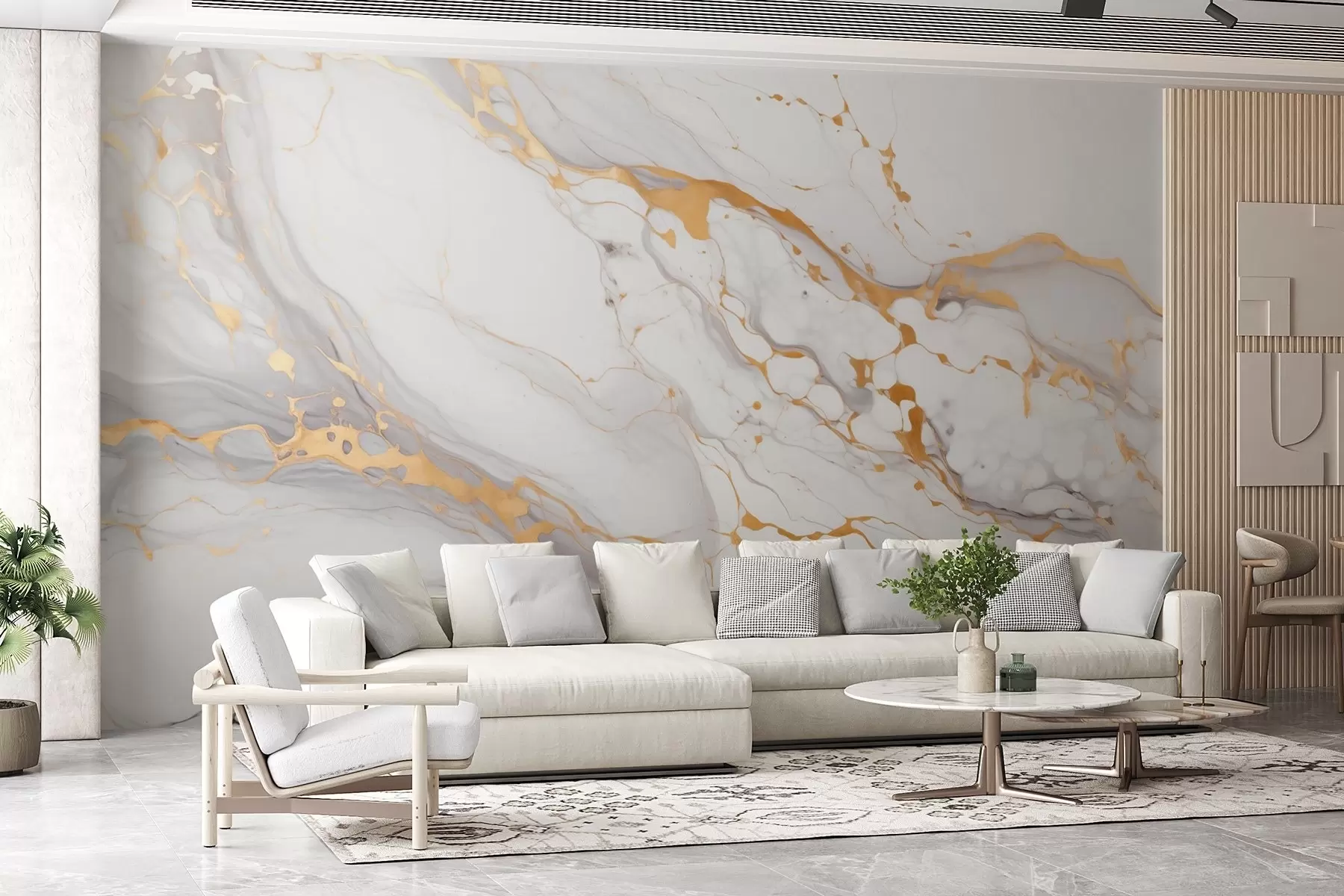 peintures murales Imitation de la texture du marbre avec des transitions grises douces et des accents jaunes w09362