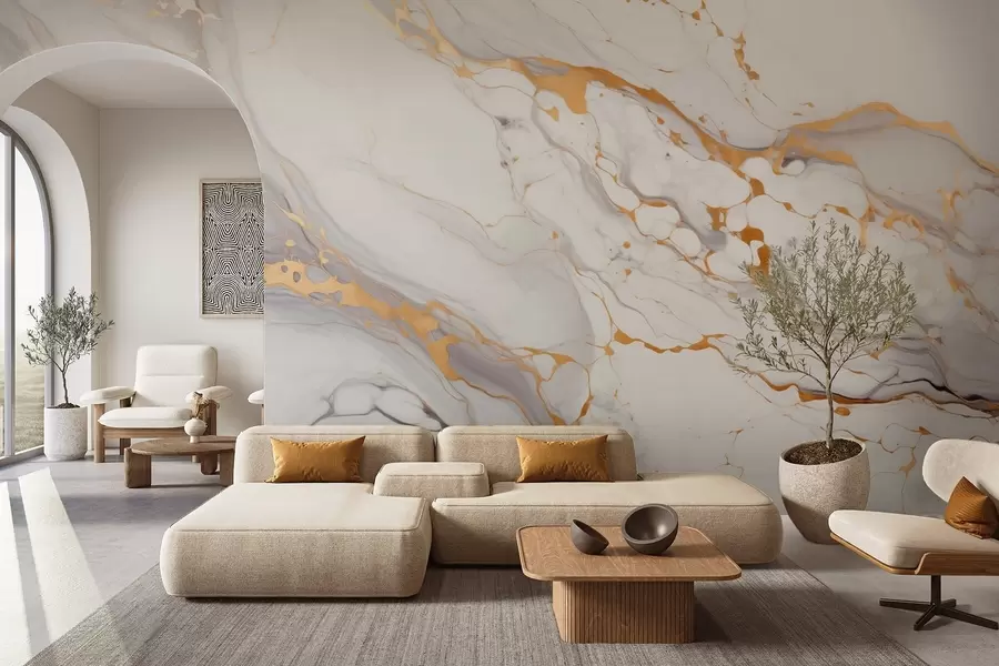 Wall Mural Photo Wallpaper Imitation of marble texture with soft gray transitions and yellow accents w09362