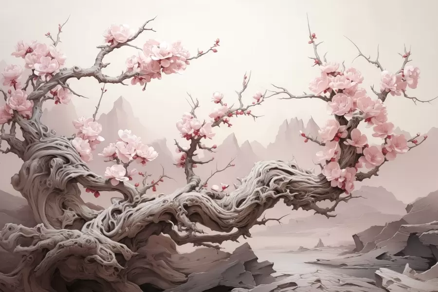 peintures murales Tronc d'arbre torsadé avec sakura rose en fleur w09388