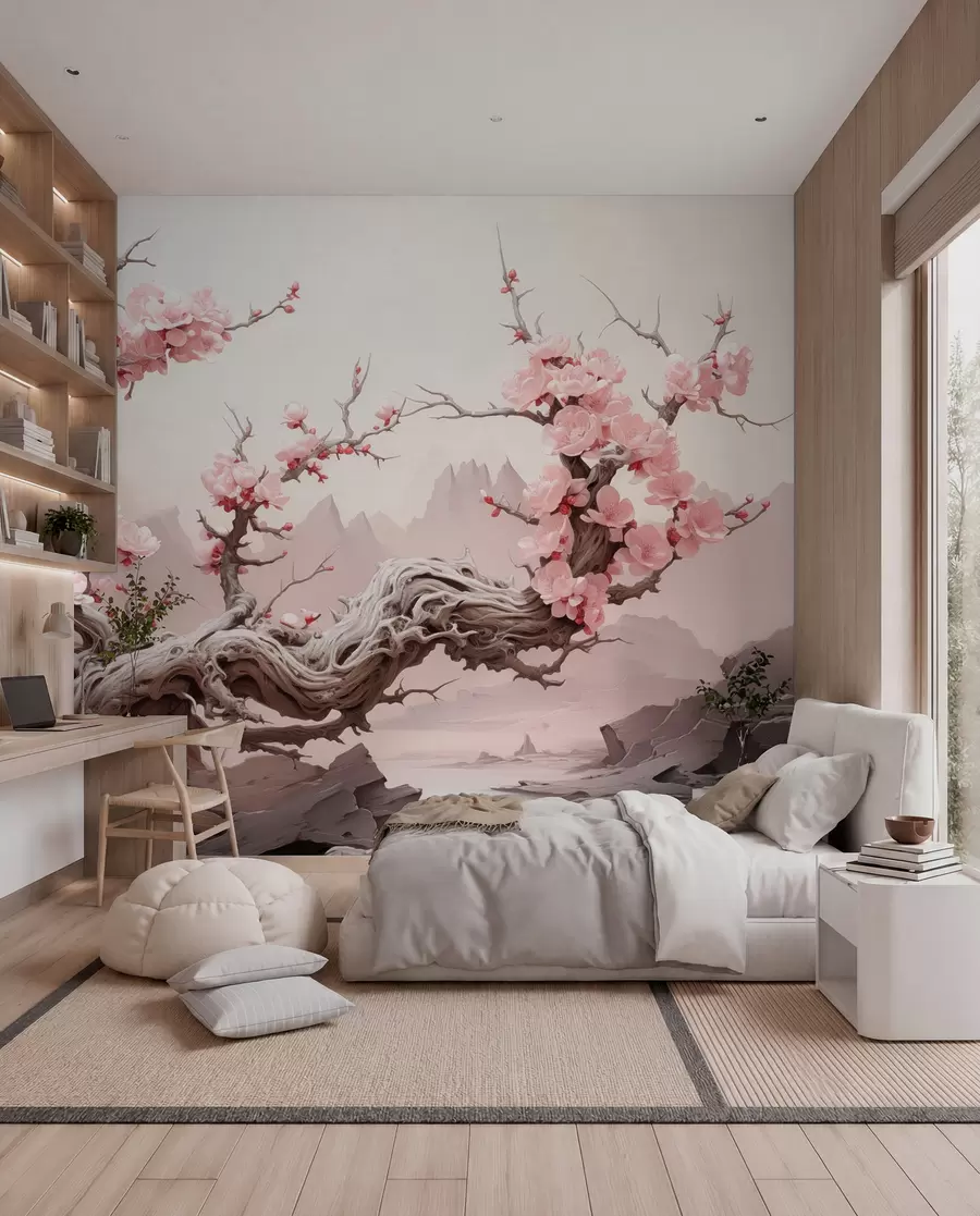 peintures murales Tronc d'arbre torsadé avec sakura rose en fleur w09388
