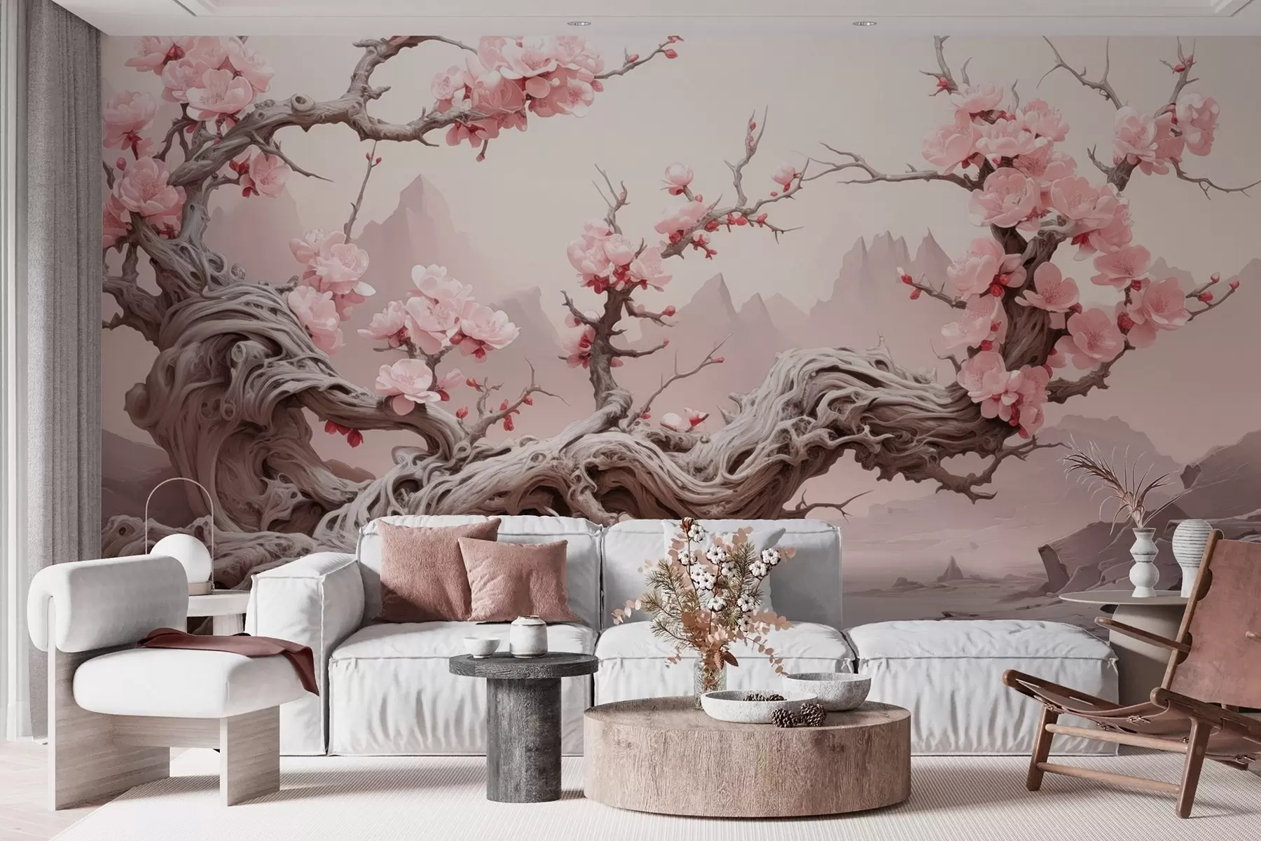 murales Tronco de árbol retorcido con sakura rosa en flor w09388