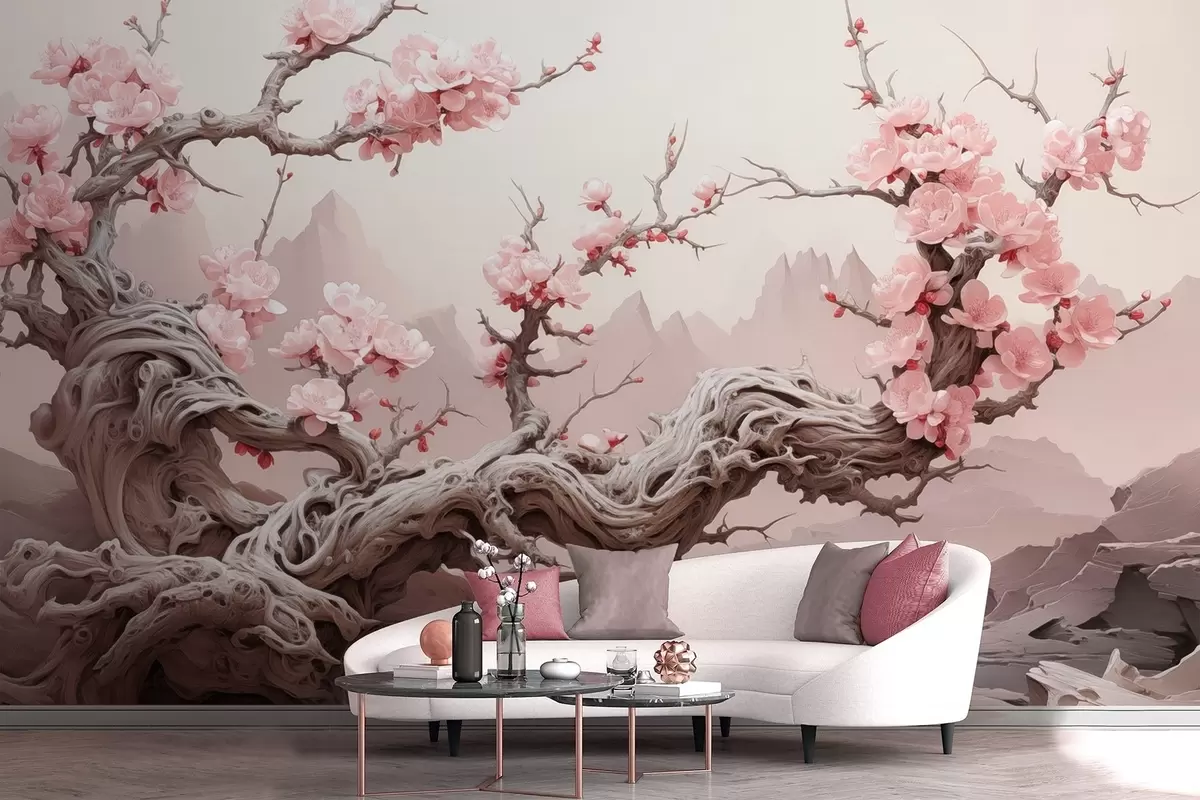 murales Tronco de árbol retorcido con sakura rosa en flor w09388