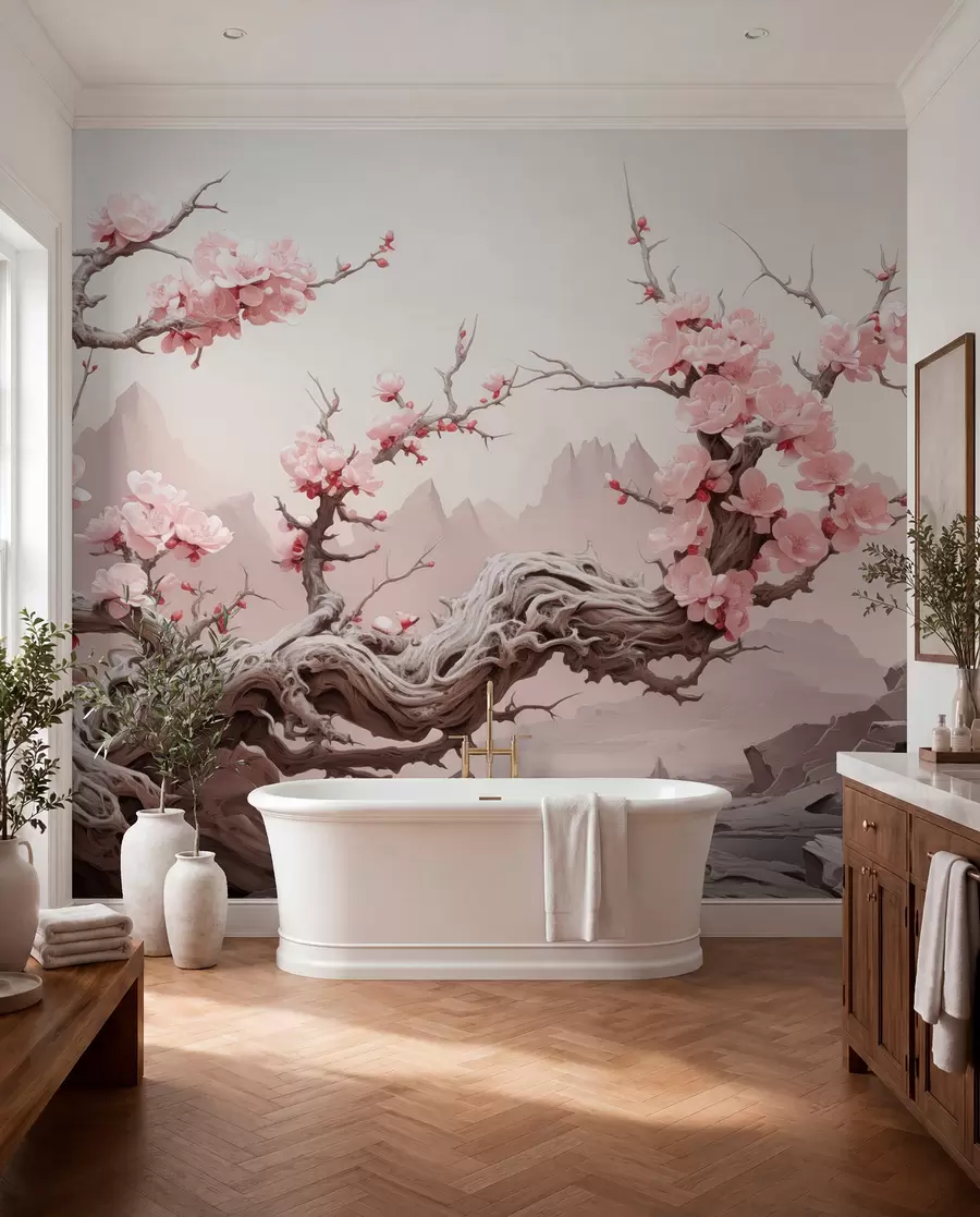 wall murals Twisted tree trunk with blooming pink sakura w09388