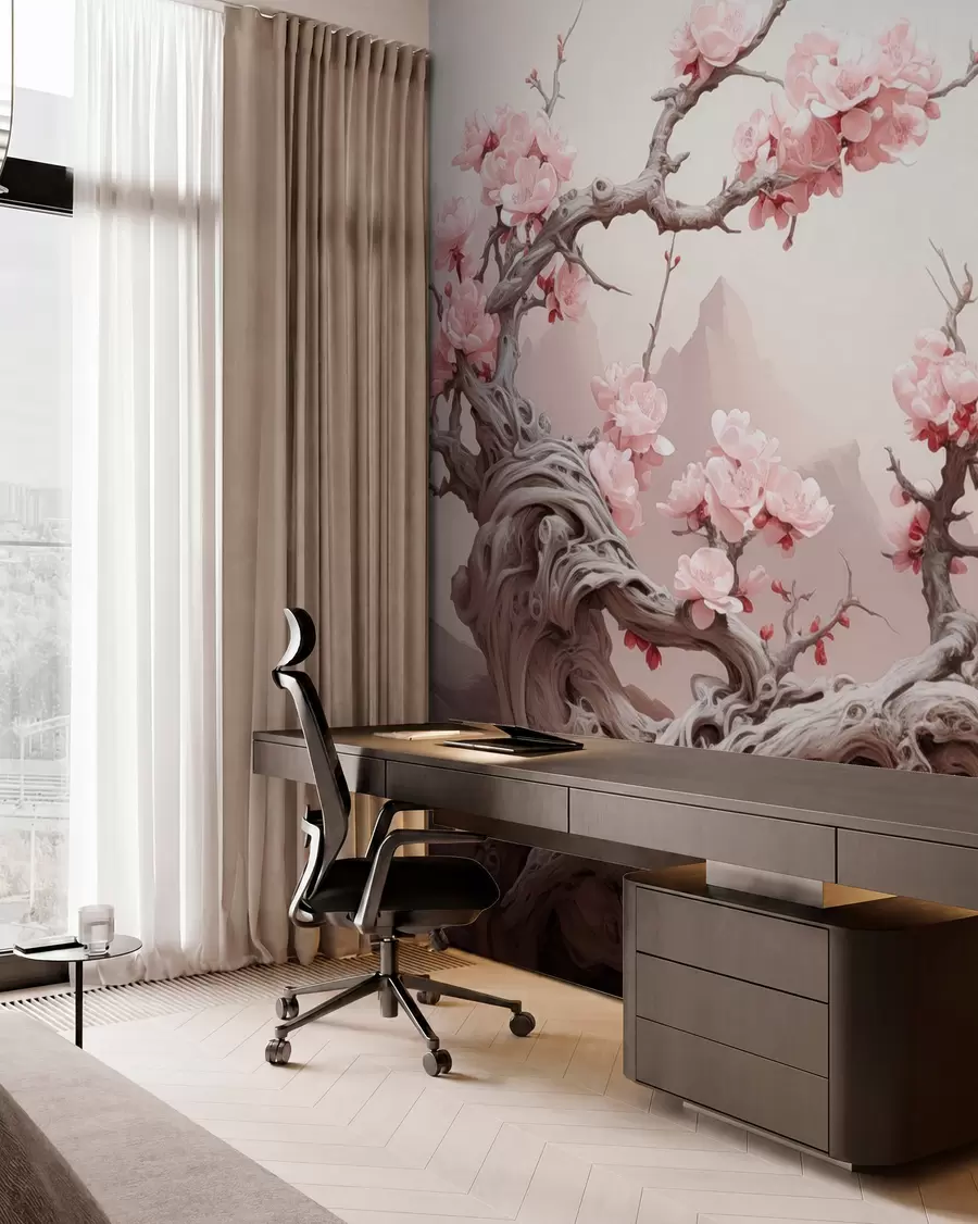 wall murals Twisted tree trunk with blooming pink sakura w09388