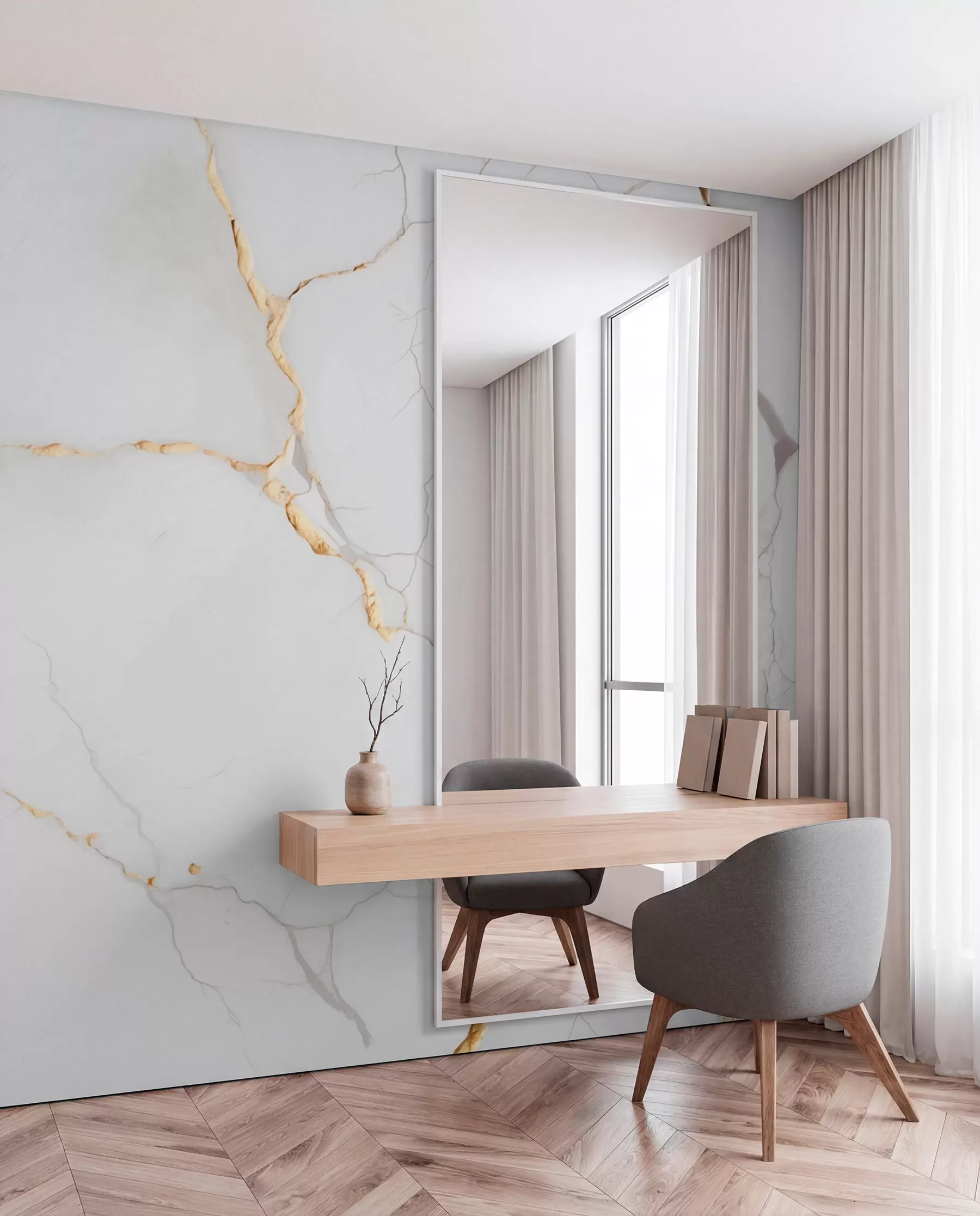 wall murals Imitation of marble with fine cracks and yellow veins w09390